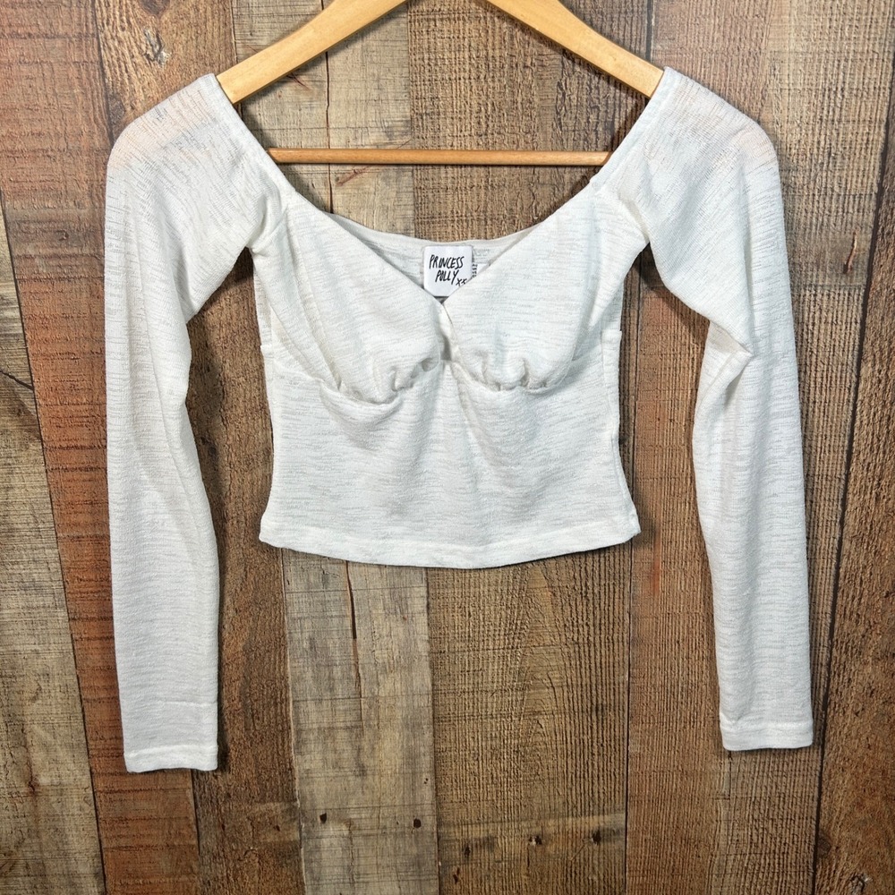 Princess Polly White Semi Sheer Off Shoulder Crop Top Long Sleeve Coquette